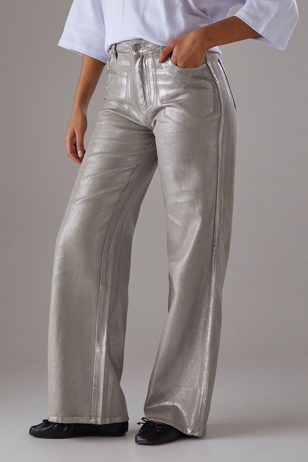 Warehouse Foil Coated High Waist Wide Leg Jeans Silver image 2
