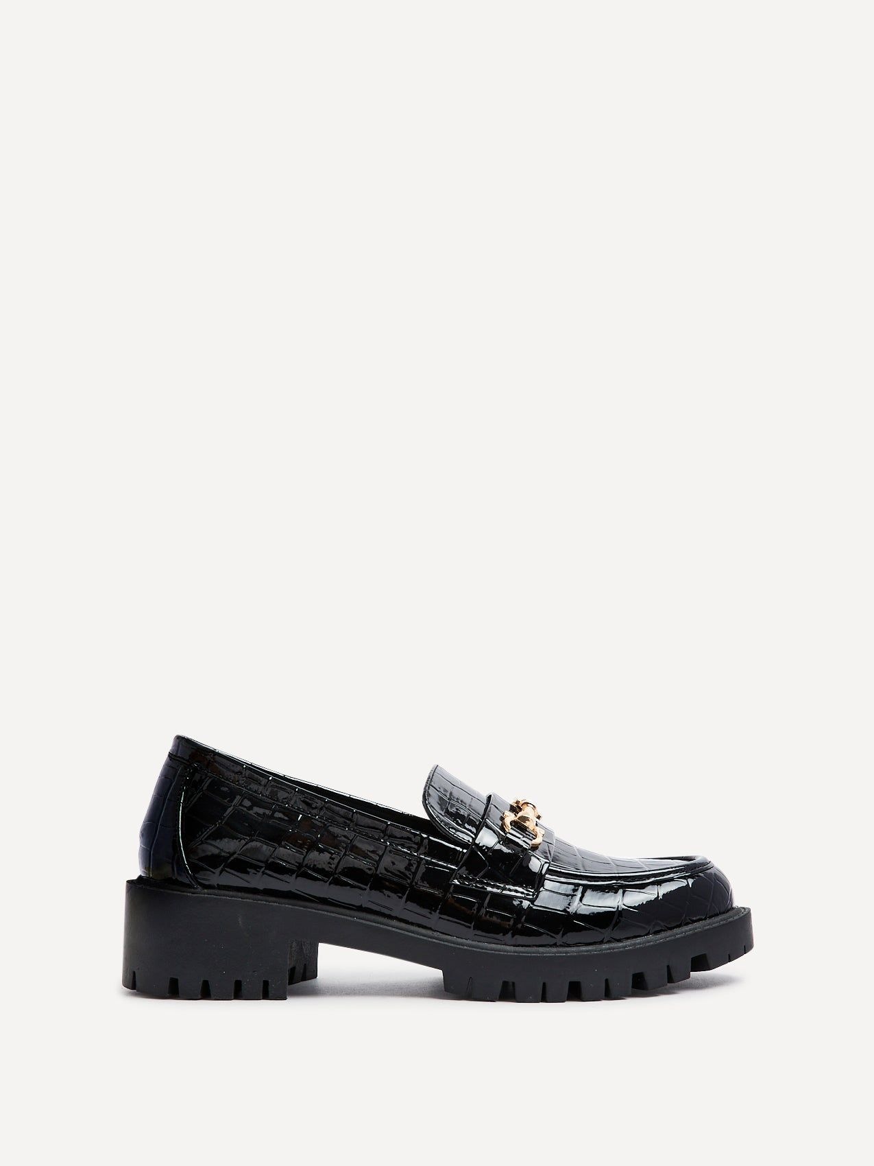 Linzi Aria Black Faux Croc Leather Chunky Sole Loafer image 1