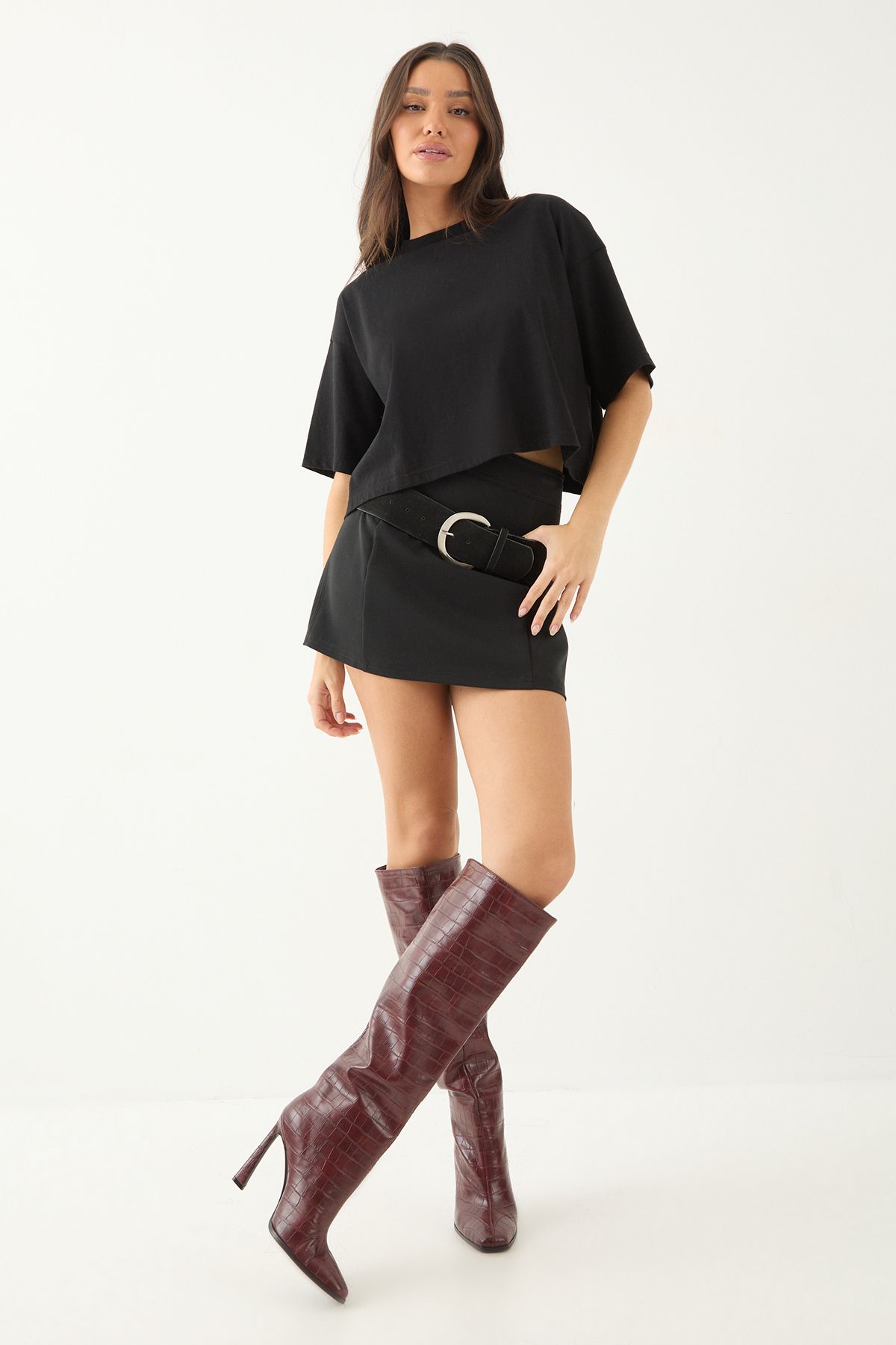 MissPap Faux Croc Leather High Flared Stiletto Heel Knee Boots Burgundy image 2