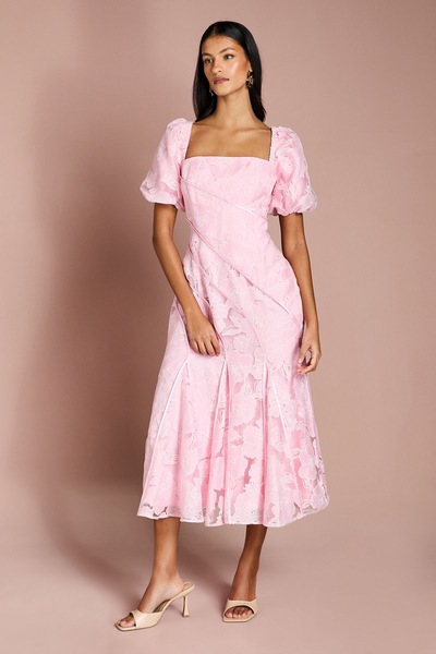 Coast Petite Panelled Jacquard Midi Dress Pink