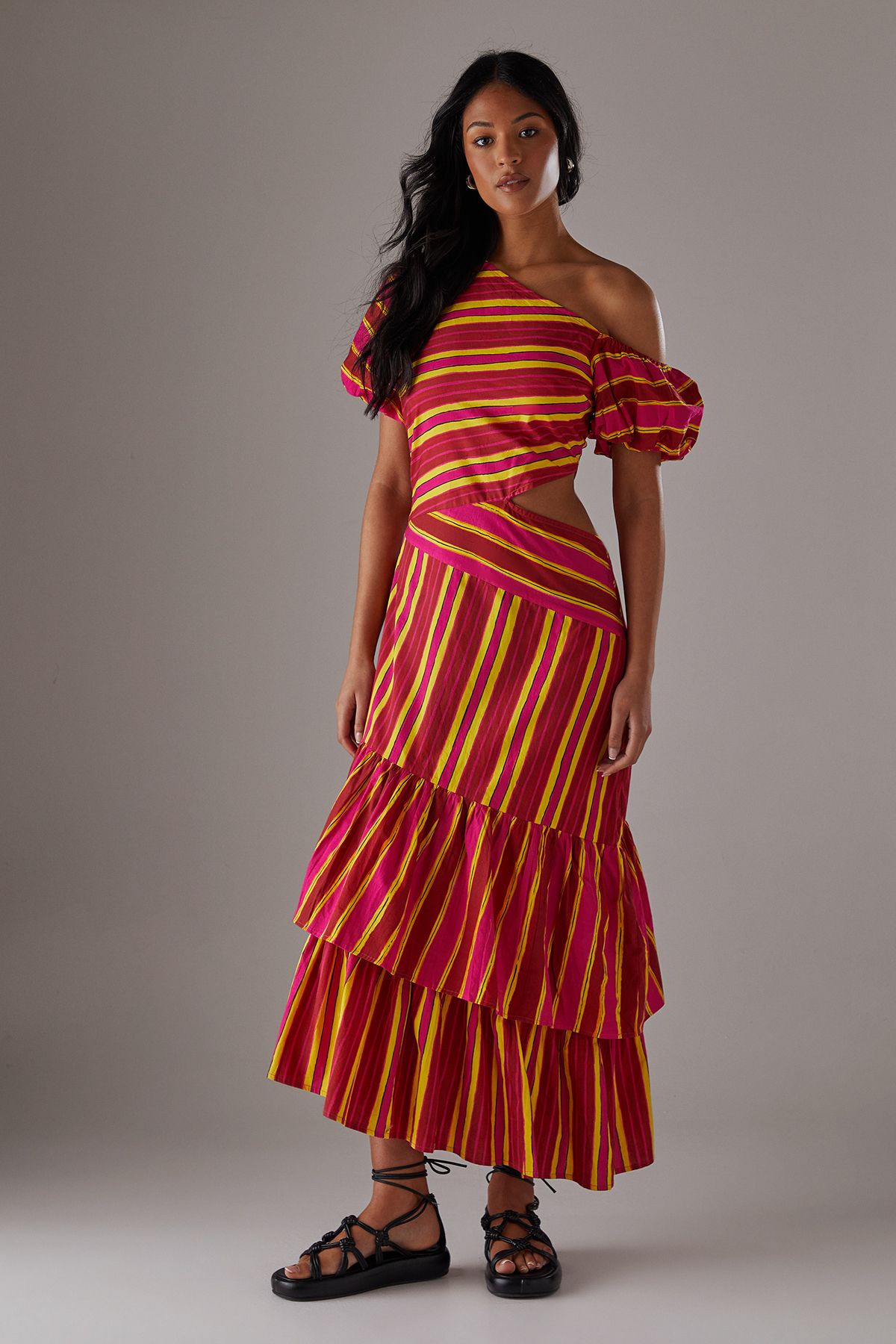 Warehouse Mixed Print Poplin Fallen Shoulder Asymmetric Midi Dress Multi image 1