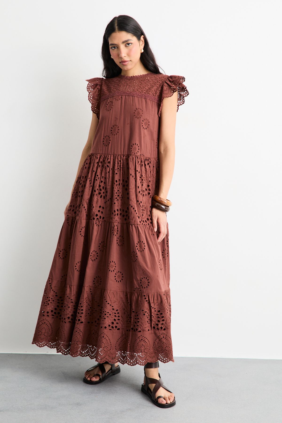 Warehouse Broderie Mix Tiered Midi Dress Brown image 4
