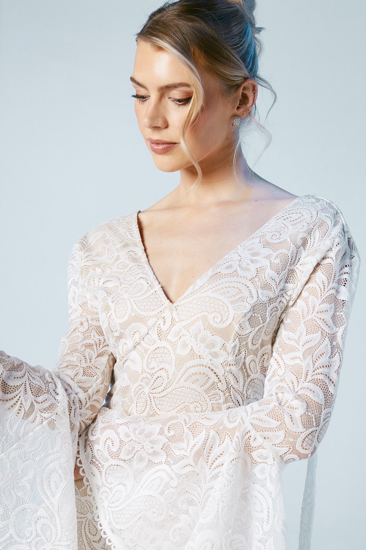 Oasis Flare Sleeve Boho Stretch Lace Fishtail Wedding Dress Ivory image 3