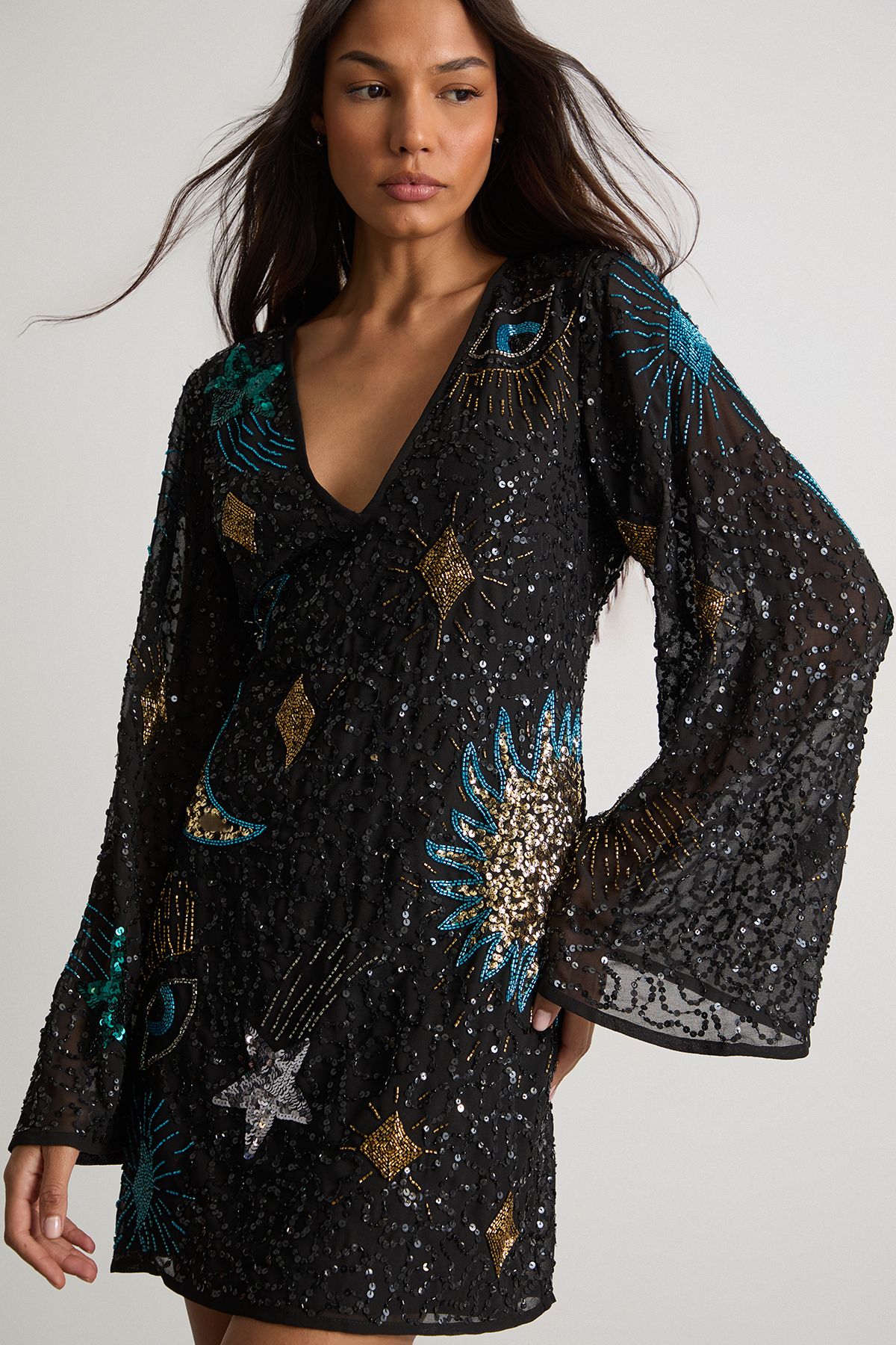 Warehouse Celestial Sequin Embellished Mini Dress Black