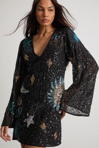 Warehouse Celestial Sequin Embellished Mini Dress Black