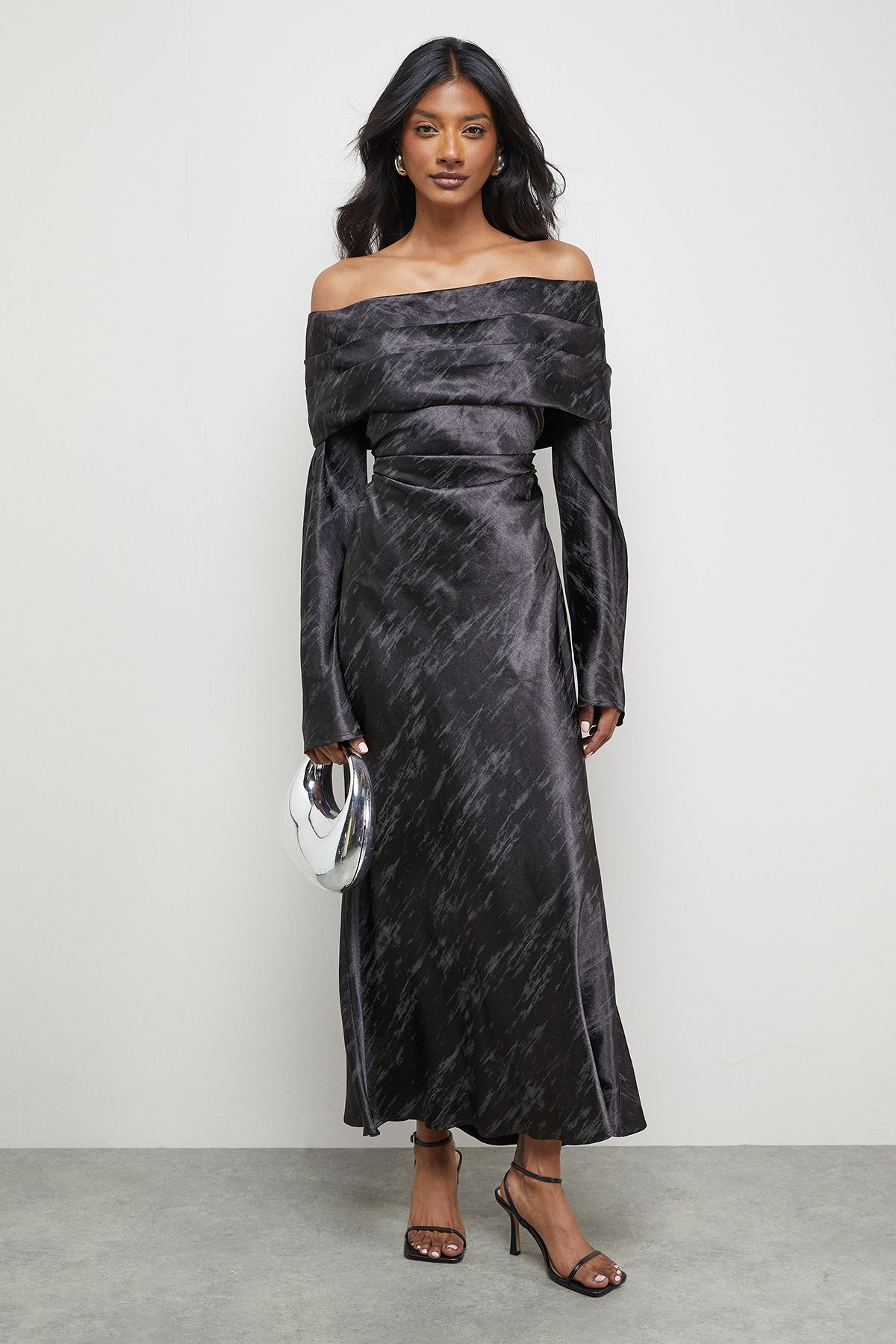 Warehouse Shimmer Satin Foldover Bardot Bias Midi Dress Black image 1