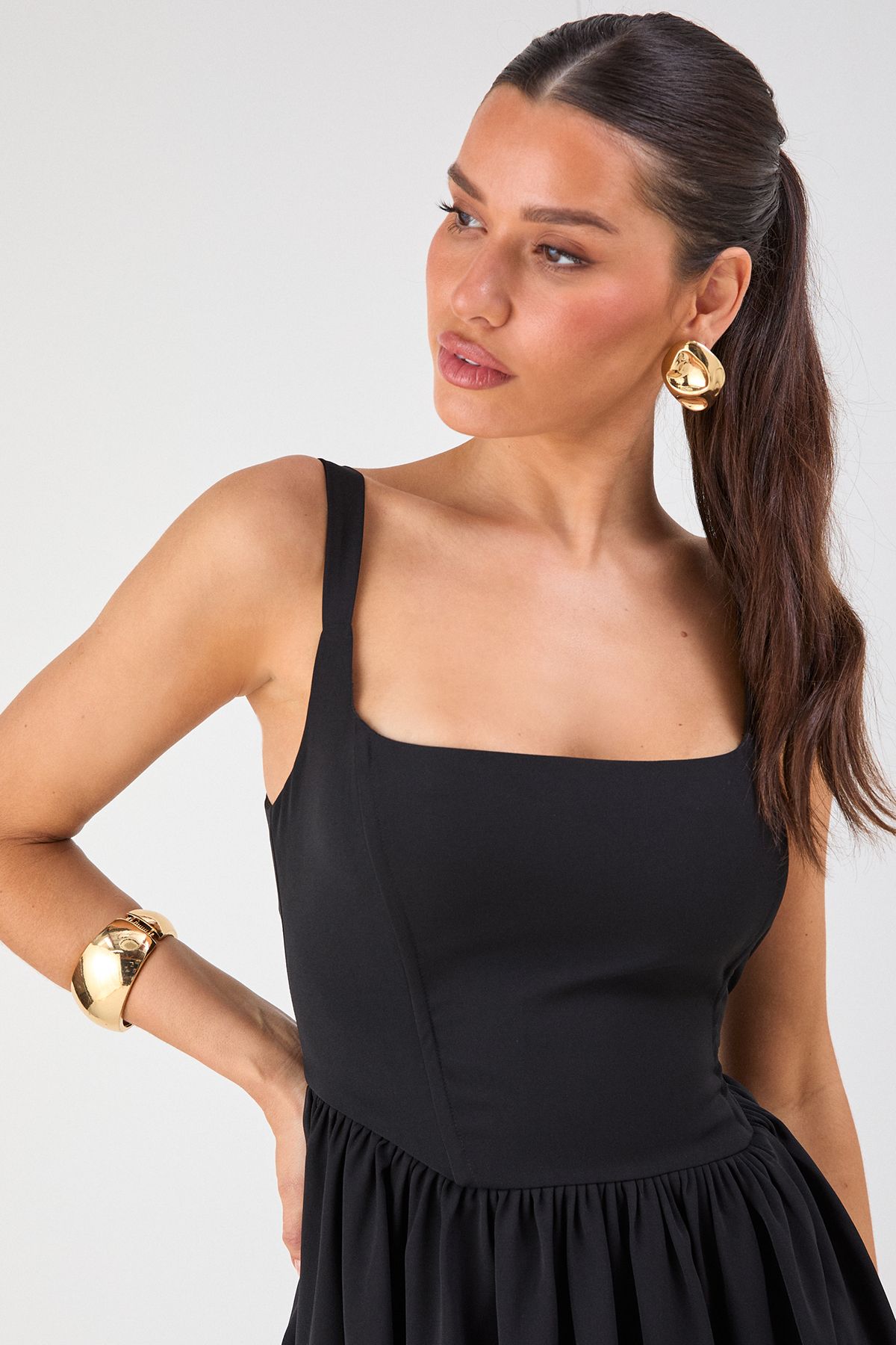 MissPap Square Neck A Line Midi Dress Black image 3