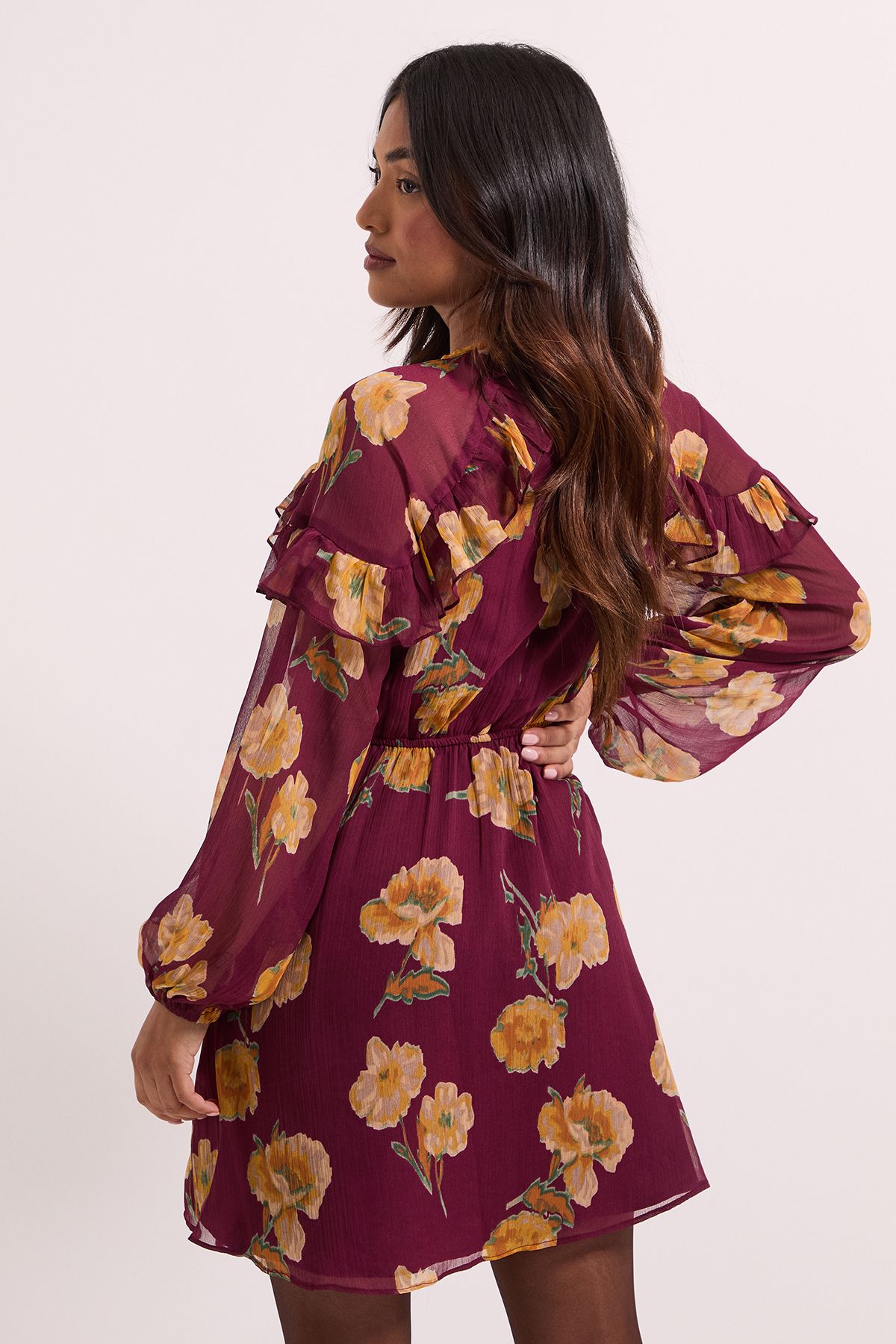 Dorothy Perkins Petite Brown Frill Detail Blouson Sleeve Mini Dress Brown image 4