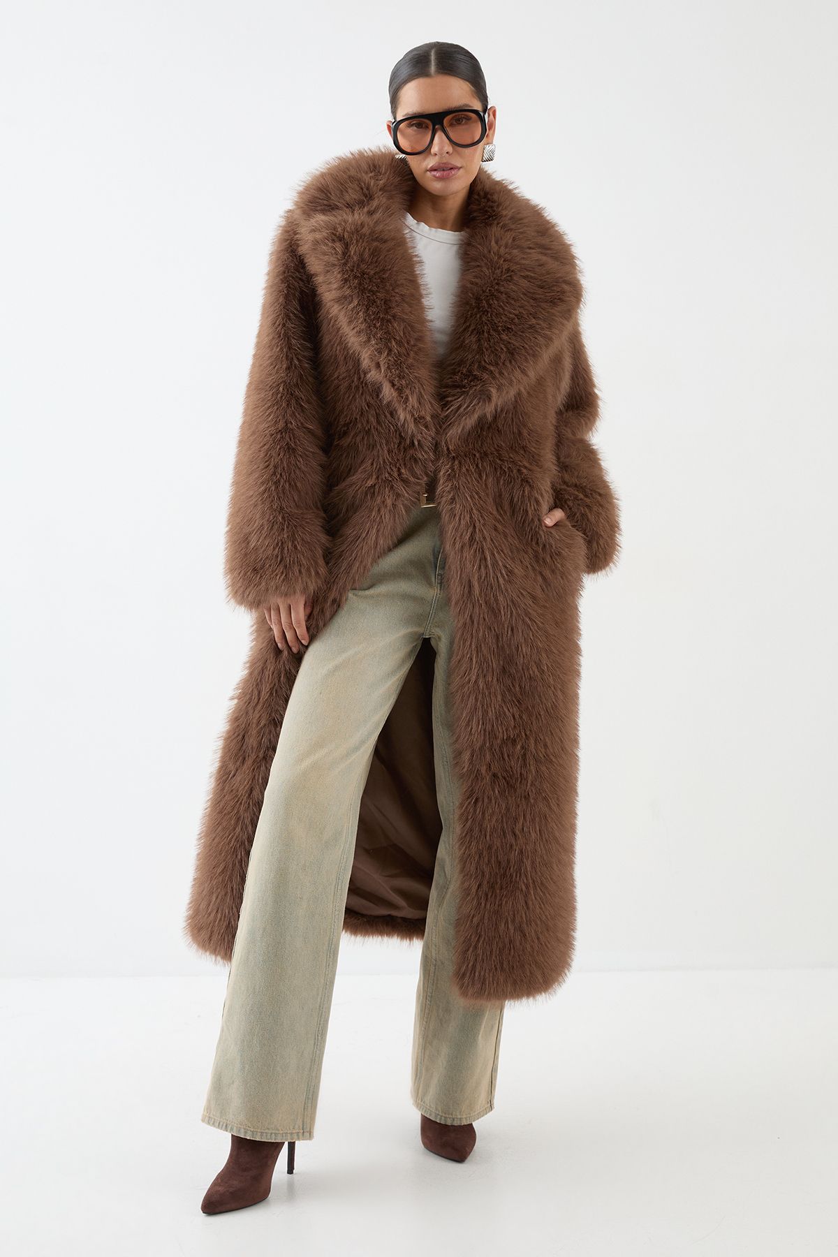 MissPap Long Faux Fur Wide Collar Coat Brown image 1