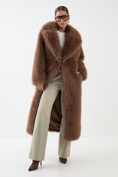MissPap Long Faux Fur Wide Collar Coat Brown