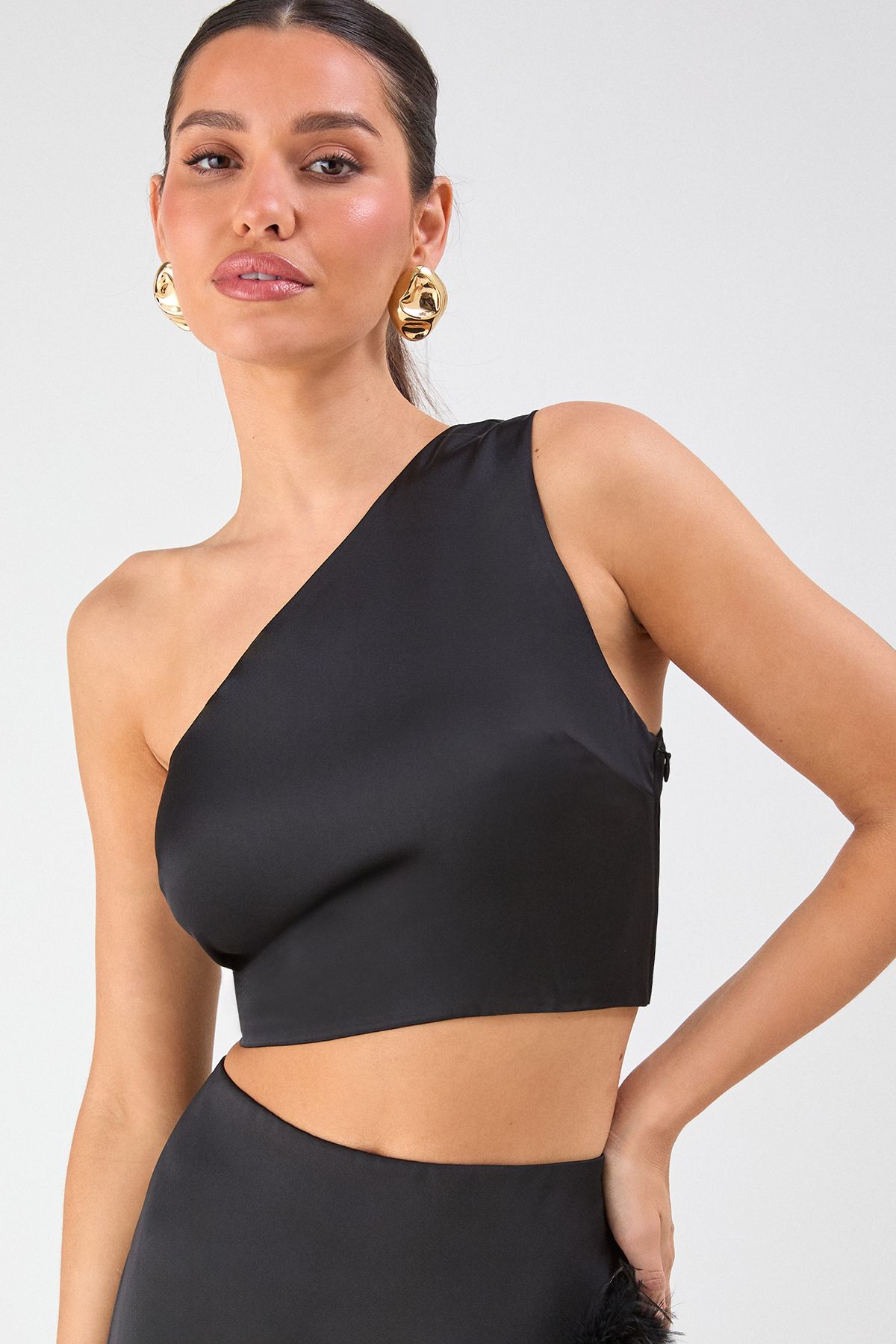 MissPap One Shoulder Top & Faux Feather Skirt Co-ord Black image 4