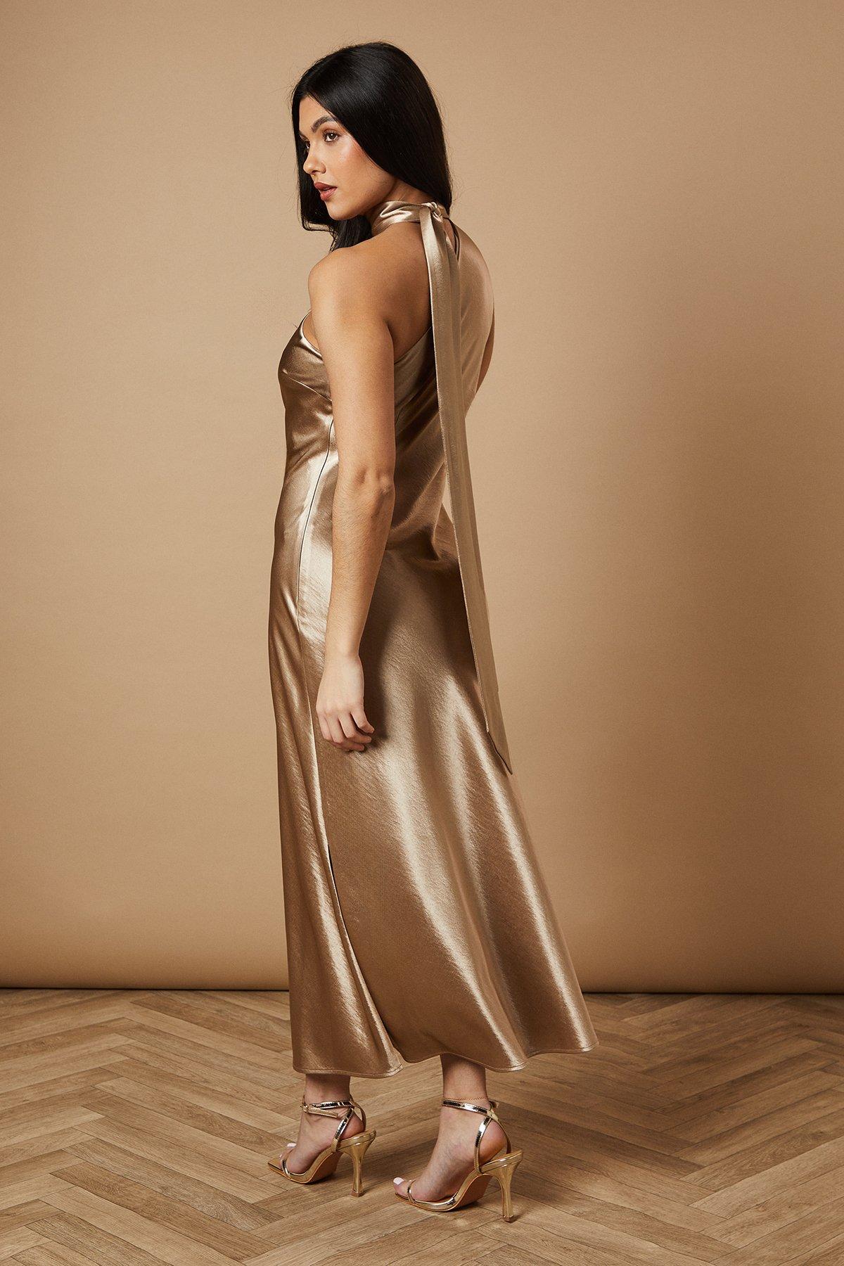 Oasis Petite Metallic Satin Tie Neck Dress Gold image 3