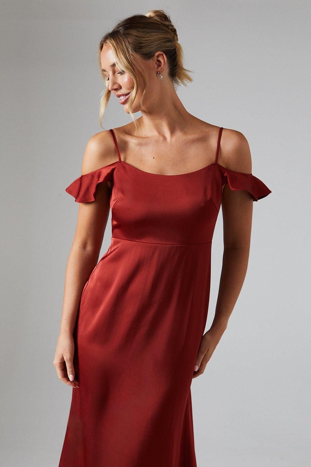 Oasis Cold Shoulder Satin Bridesmaid Midaxi Dress Rust image 4