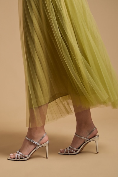 Oasis Sana Metallic Faux Leather Embellished Cage High Stiletto Heeled Sandals Silver