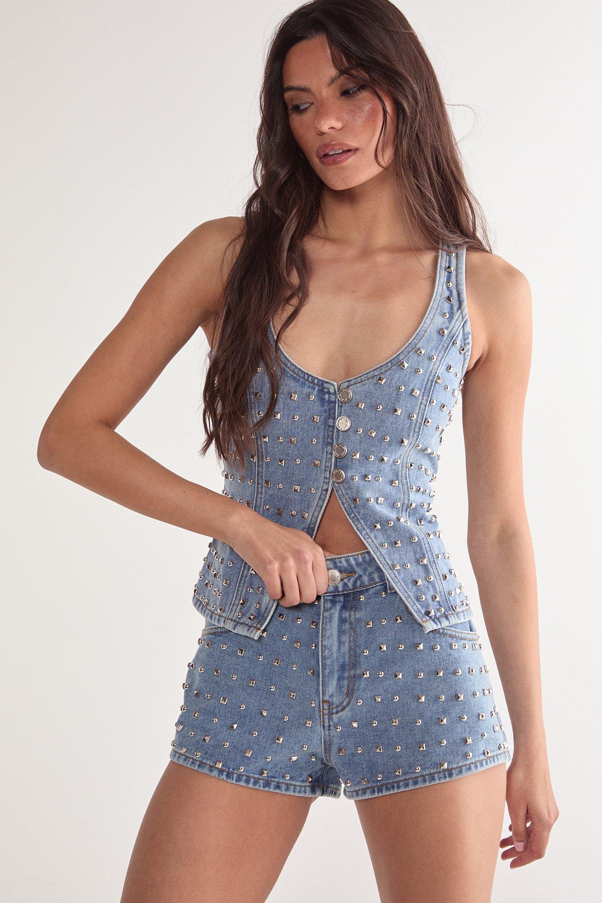 NastyGal Studded Denim Corset Top Vintage Wash image 1