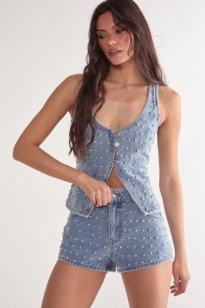 NastyGal Studded Denim Corset Top Vintage Wash