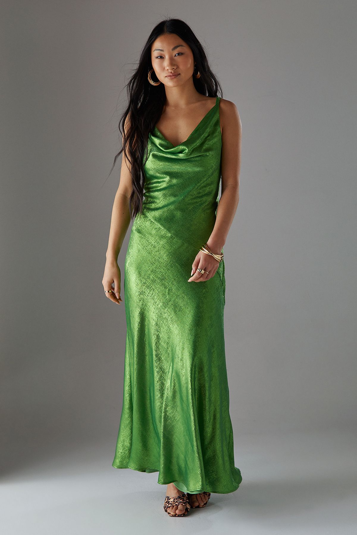 Warehouse Petite Metallic Lame Cowl Neck Maxi Dress Green