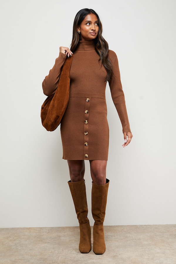 Oasis Button Down High Neck Mini Dress Tan