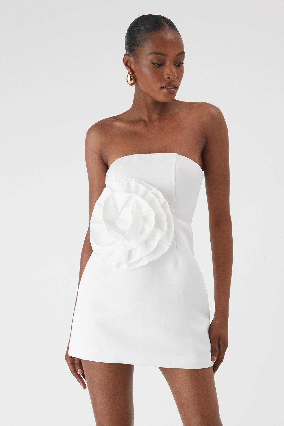 MissPap Premium Satin Floral Bandeau Mini Dress Ivory image 2