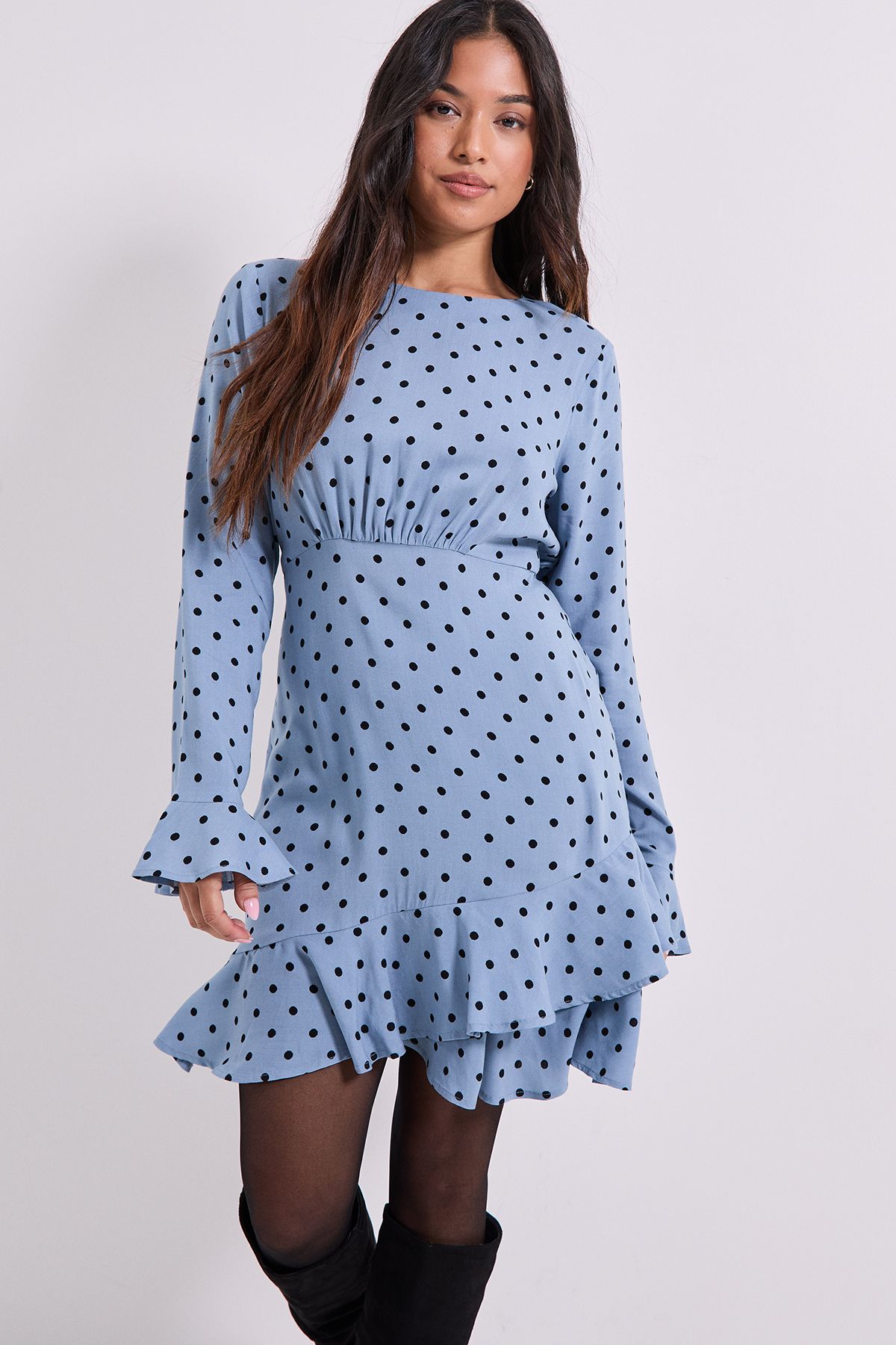 Dorothy Perkins Petite Ruffle Sleeve Frill Detail Printed Mini Dresss Blue image 2