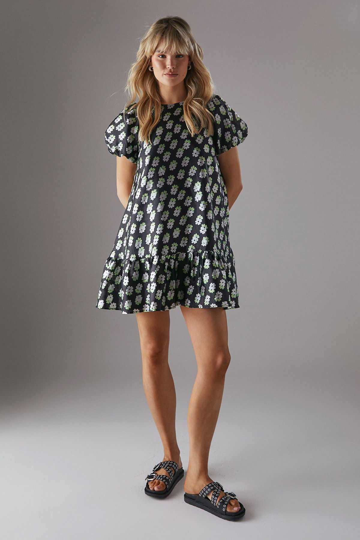 Warehouse Organza Puff Sleeve Swing Mini Dress Floral