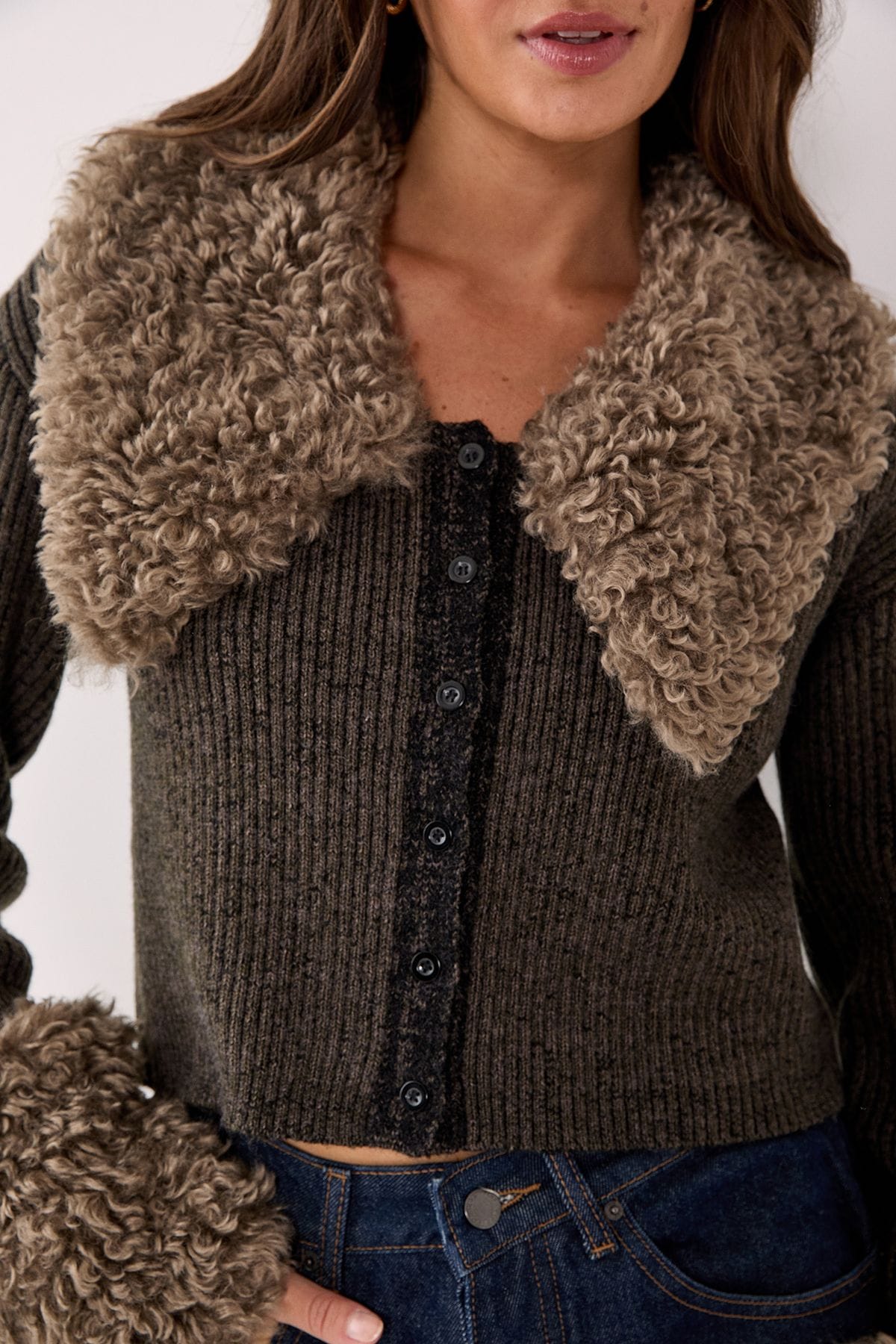 NastyGal Teddy Fur Collared Knitted Cardigan Olive image 4