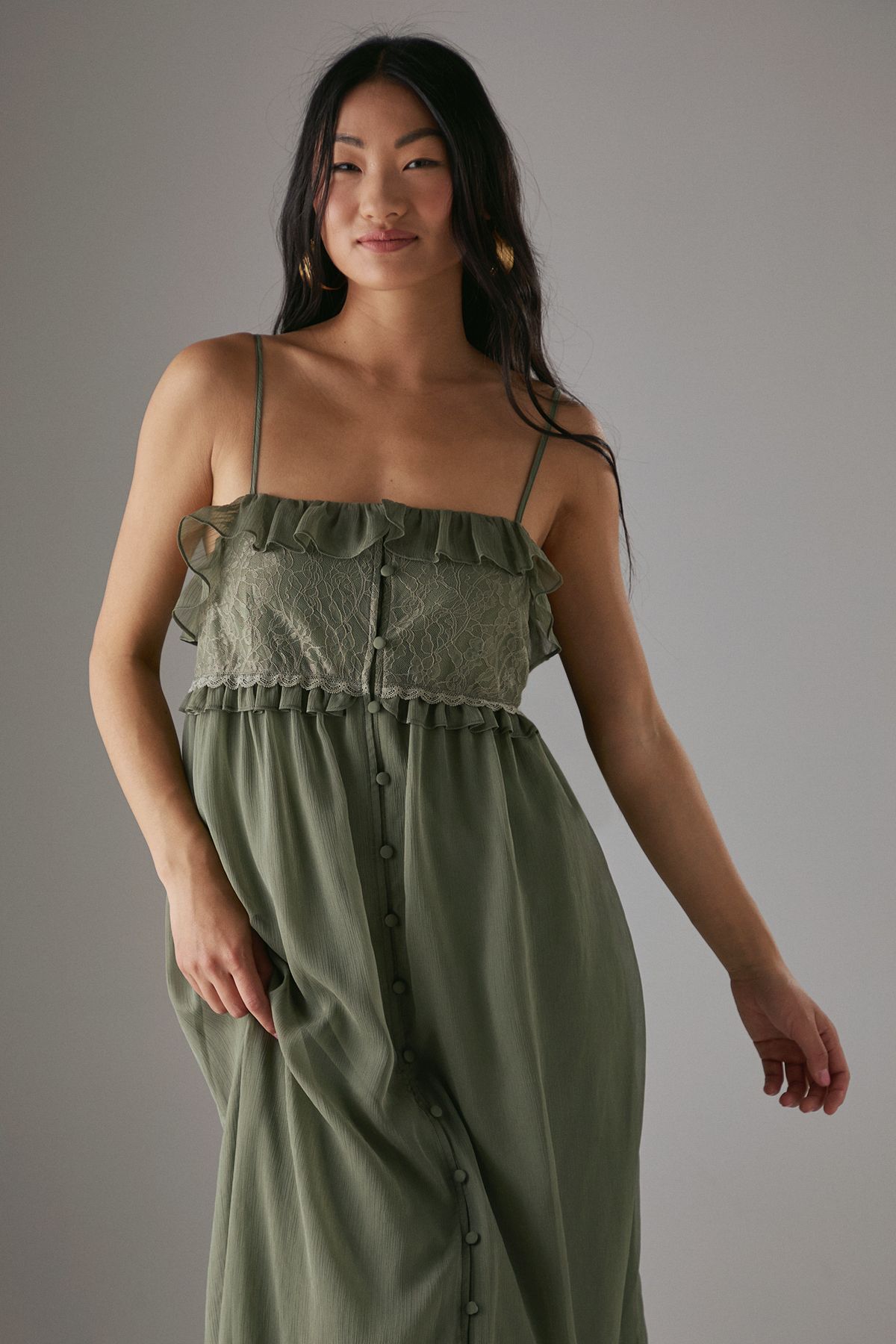 Warehouse Petite Lace Ruffle Strappy Midi Sundress Khaki image 2