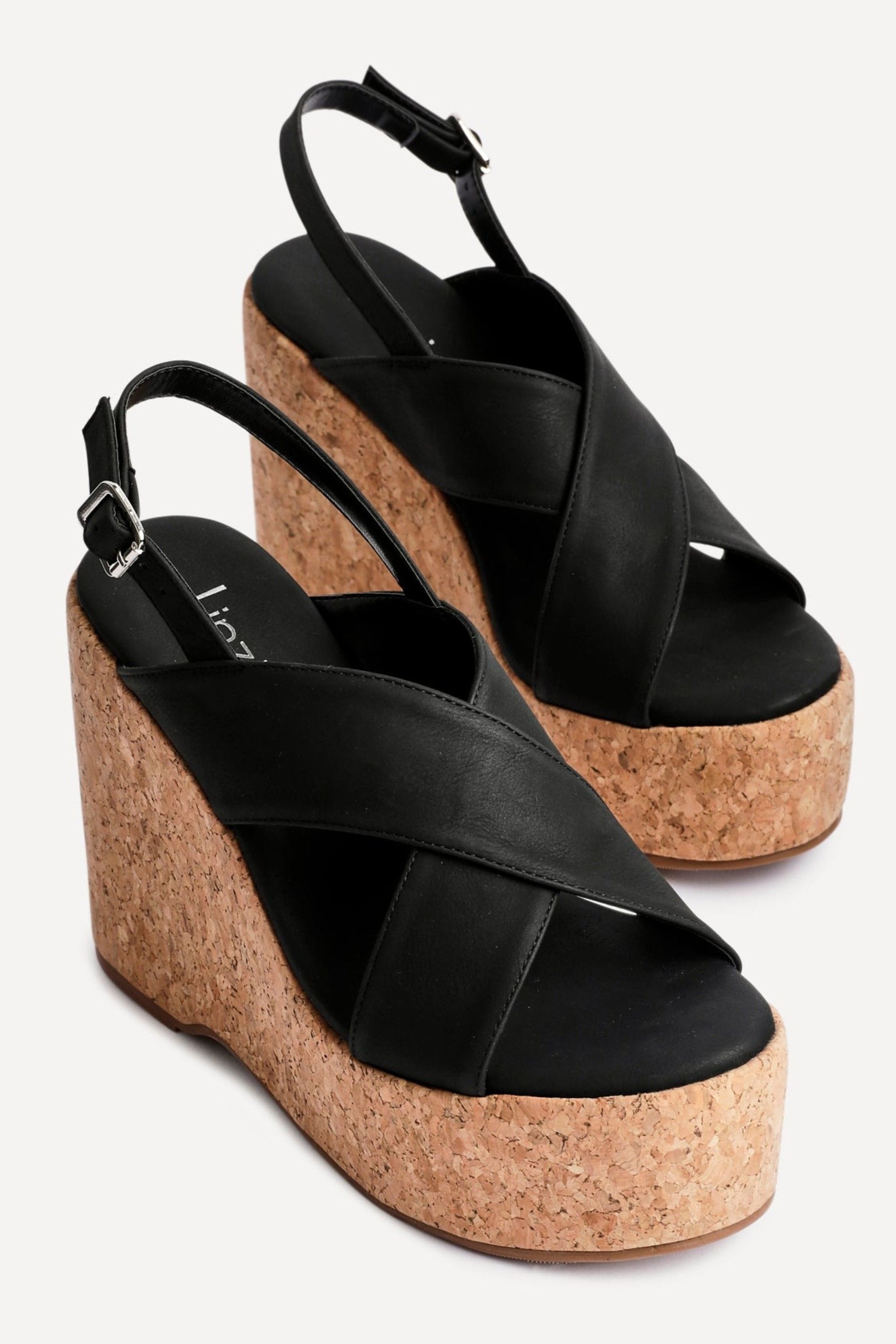 Linzi Santana Black Faux Leather Crossover High Platform Cork Wedge image 4