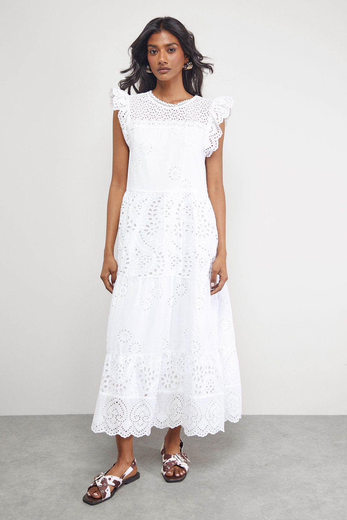 Warehouse Petite Broderie Mix Tiered Midi Dress White image 1