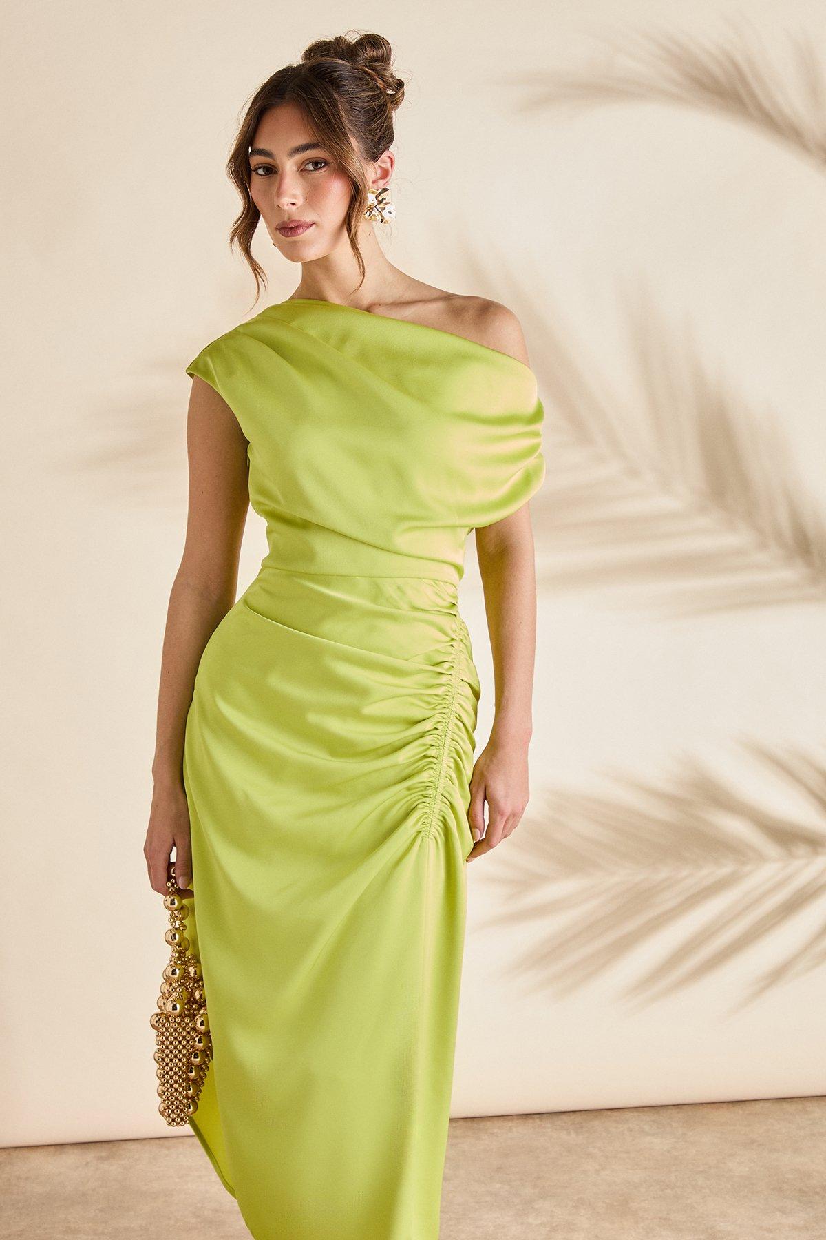 Coast Satin Ruched One Shoulder Asymmetric Hem Midi Dress Olive image 2