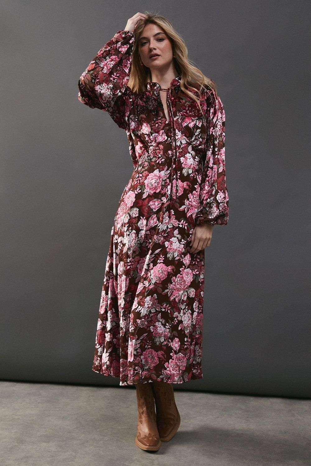 Warehouse Burnout Floral Velvet Frill Shoulder Tie Front Midi Dress Floral image 1