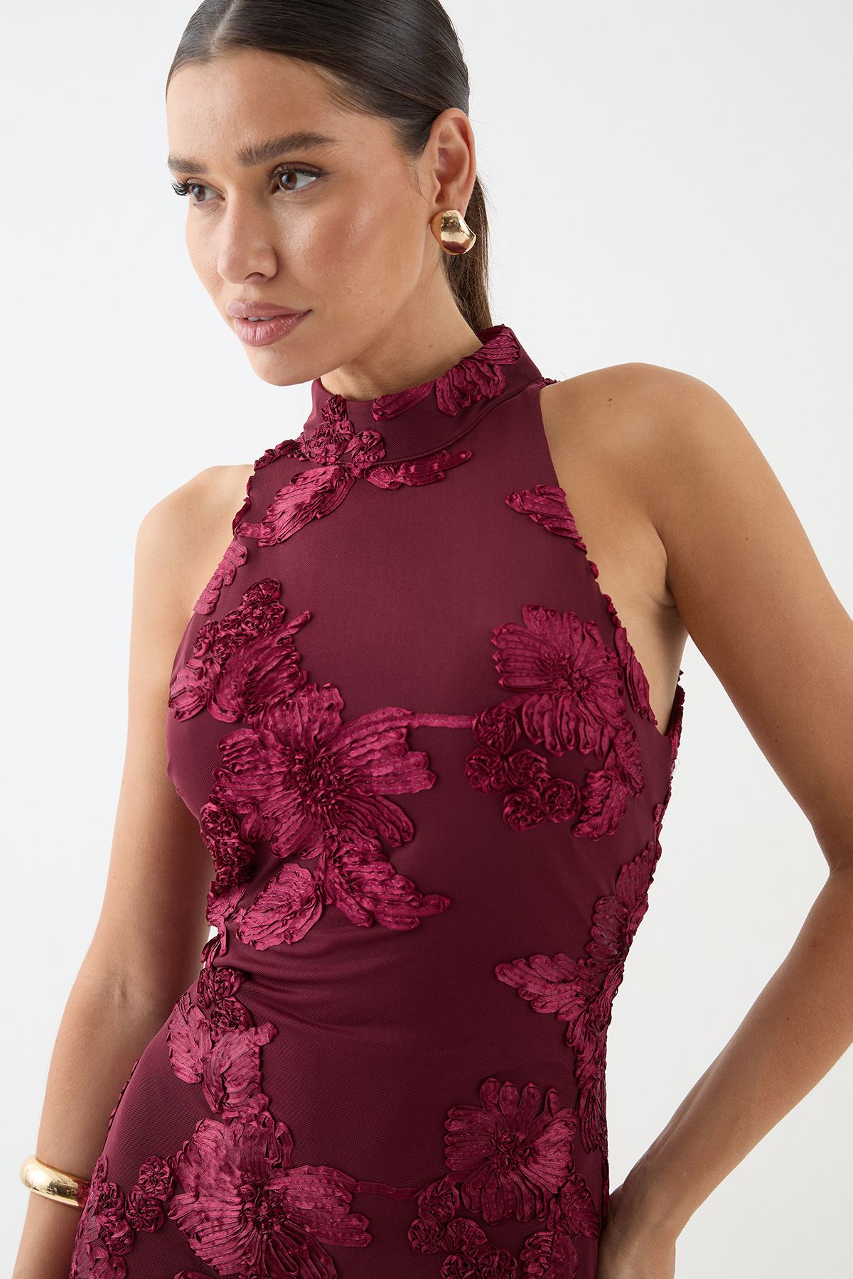 MissPap Textured Floral High Neck Mini Dress Wine image 2