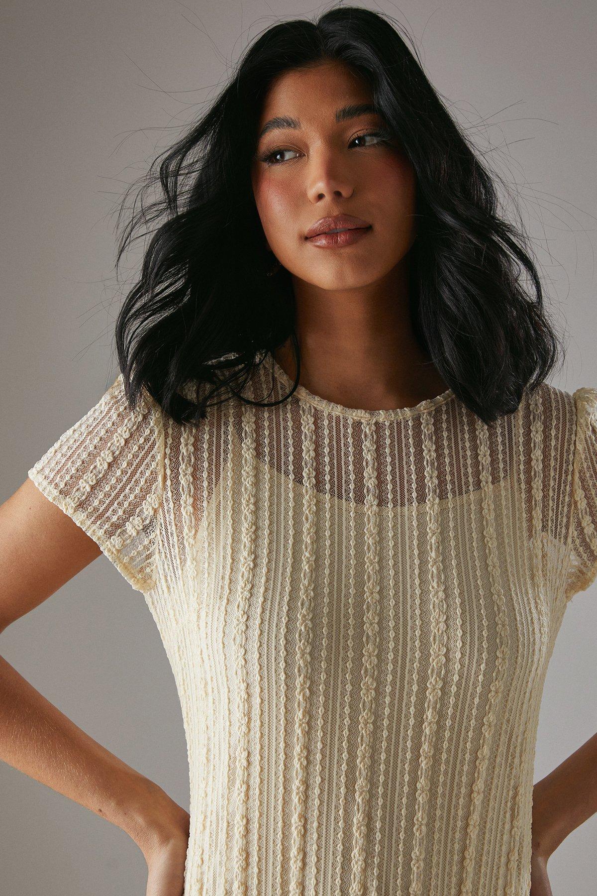 Warehouse HCD Stripe Lace Grown On Midi Tshirt Dress Cream image 3