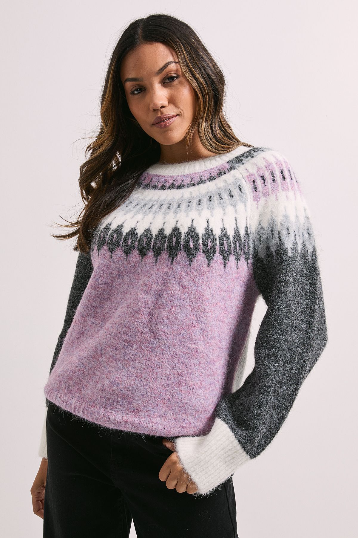 Dorothy Perkins Fairisle Yoke Crew Neck Jumper Mauve image 1