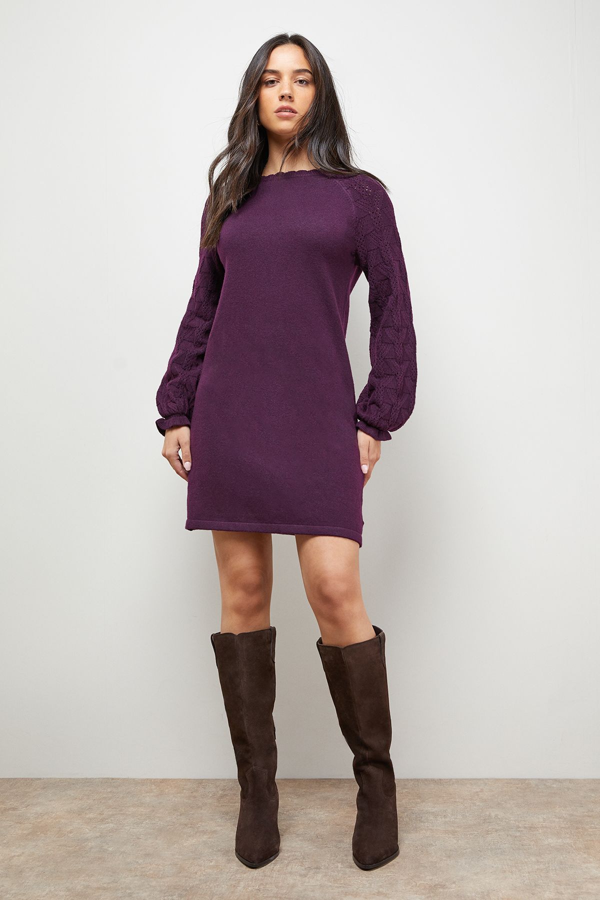Oasis Slash Neck Sleeve Detail Jumper Dress Plum image 1