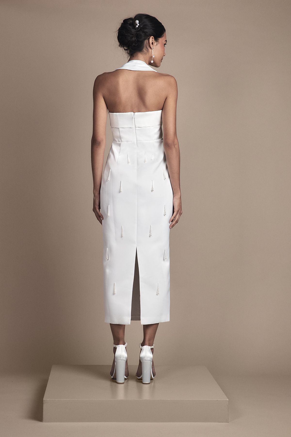 Coast Halter Satin Midi Wedding Dress With Pearl White image 3