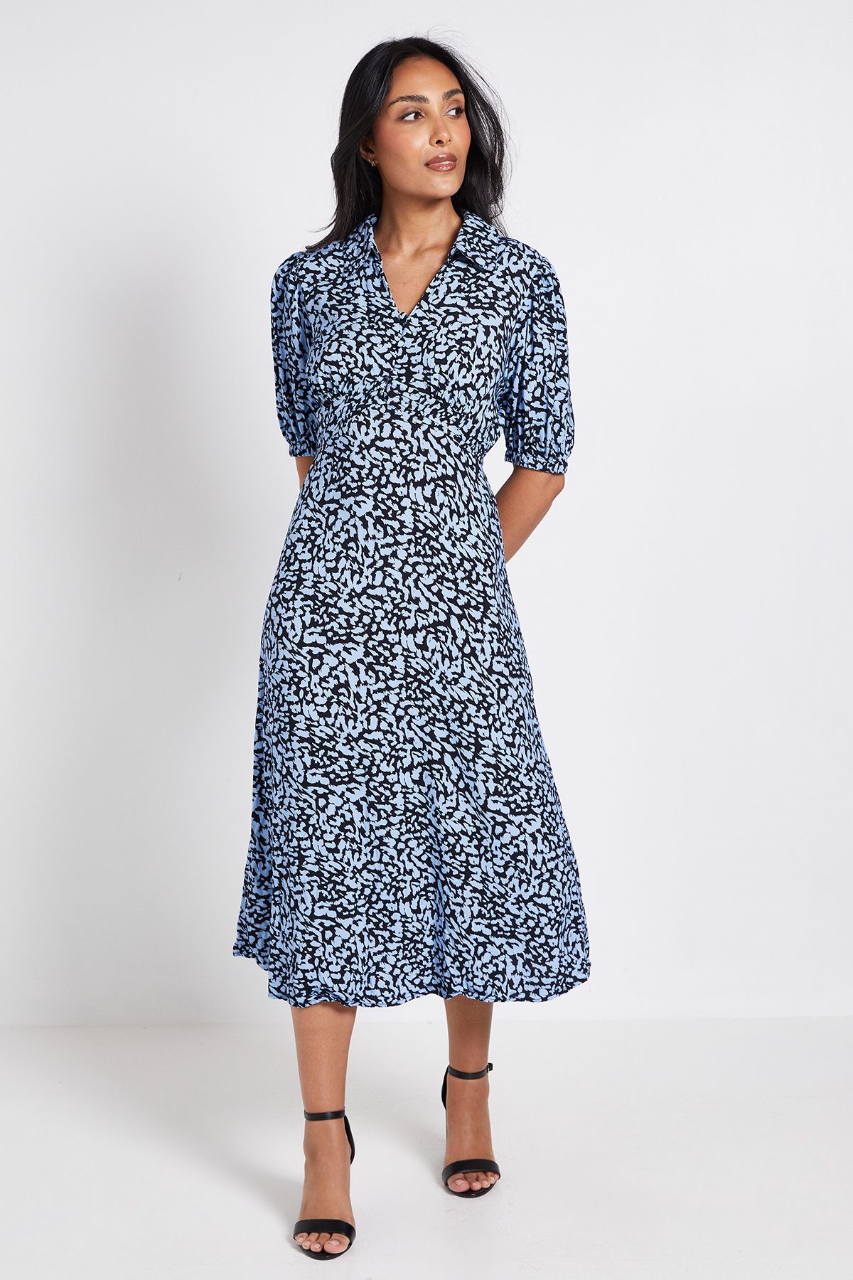 Dorothy Perkins Petite Blue Collared Button Detail Puff Sleeve Midi Dress Blue image 1
