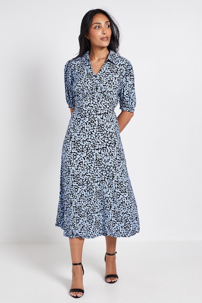 Dorothy Perkins Petite Blue Collared Button Detail Puff Sleeve Midi Dress Blue