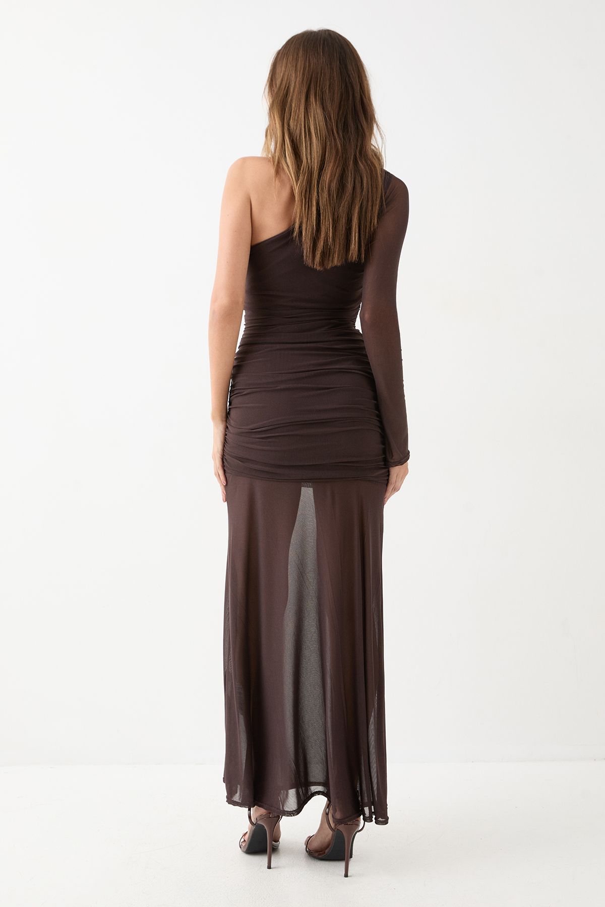 MissPap Mesh Ruched One Shoulder Maxi Dress Chocolate image 3