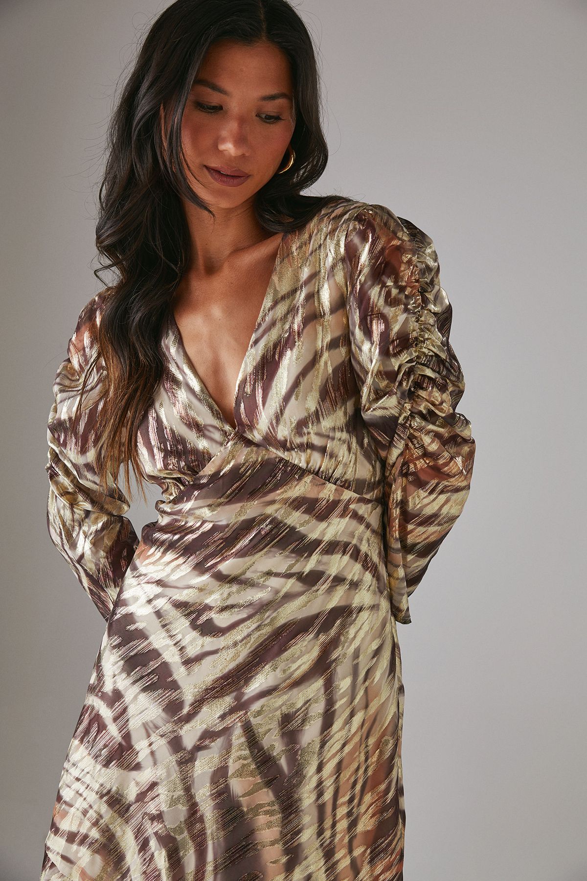 Warehouse Metallic Jacquard Ruched Sleeve Plunge Neck Bias Midi Dress Zebra image 2
