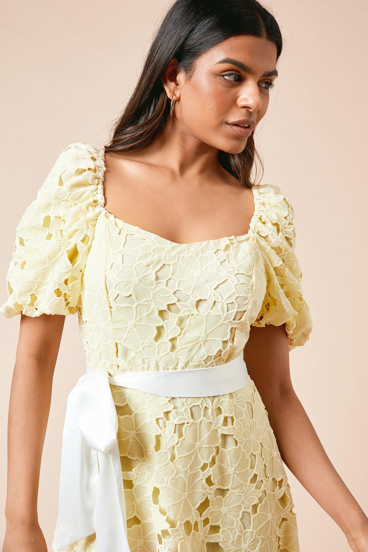 Dorothy Perkins Petite DP Luxe Cutwork Lace Contrast Belt Midi Dress Lemon image 4