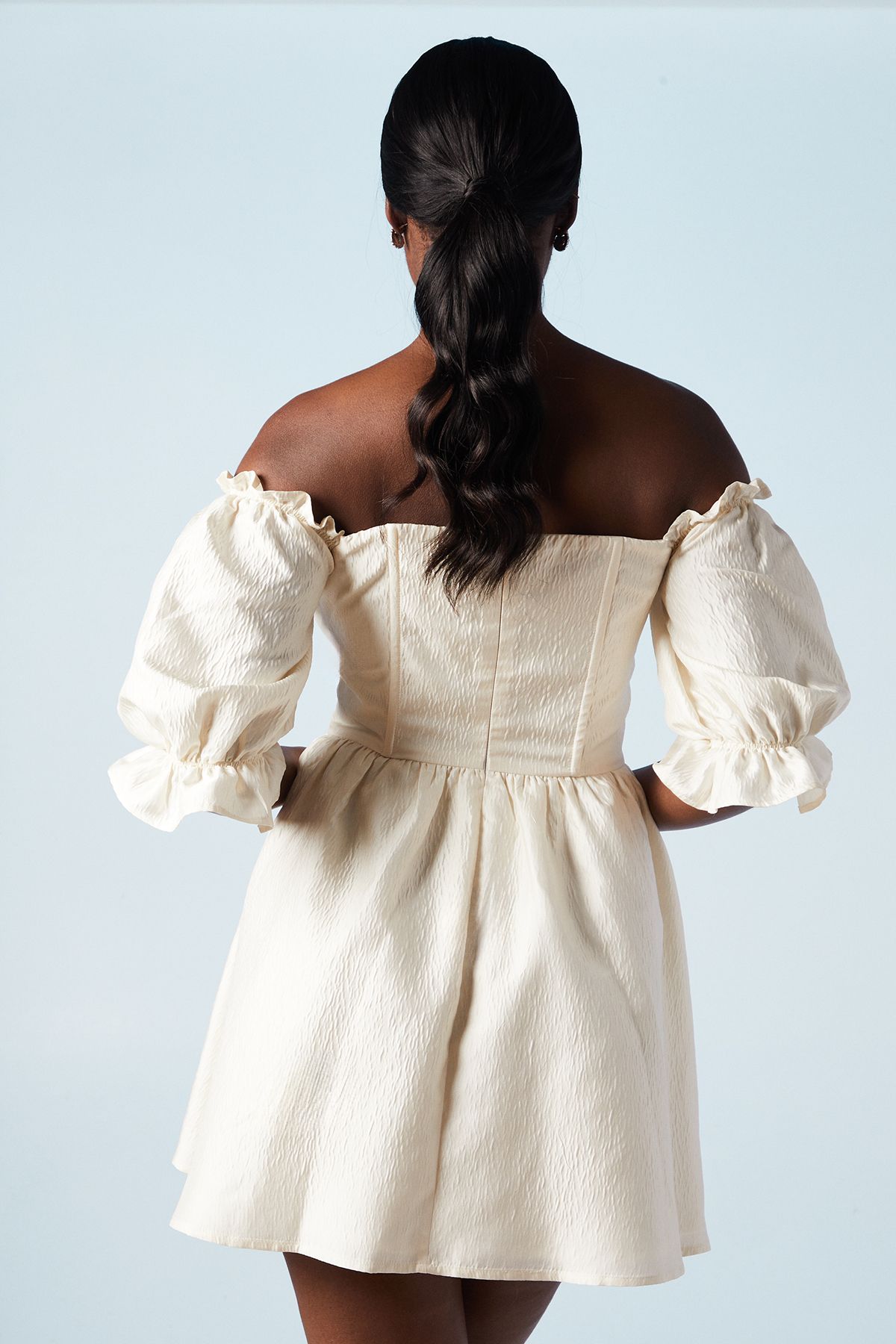 Oasis Off The Shoulder Puff Sleeve Jacquard Bridal Mini Dress Ivory image 3