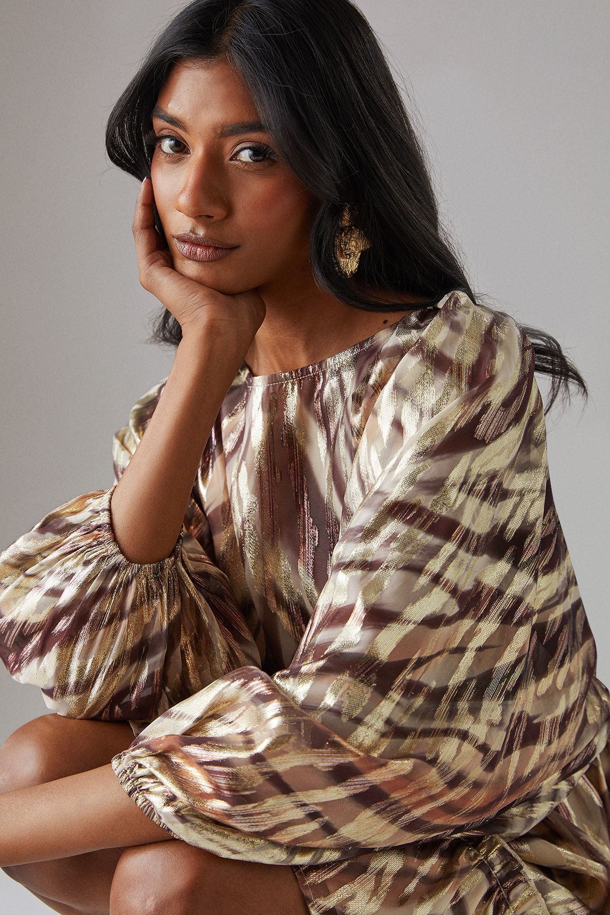 Warehouse Metallic Jacquard Volume Sleeve Mini Dress Zebra image 2