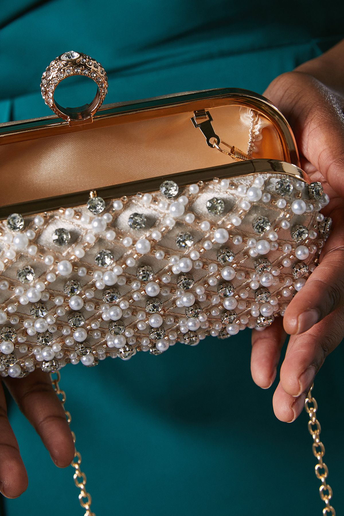 Coast Maldives Pearl Diamante Detail Hard Clutch Bag Gold image 4