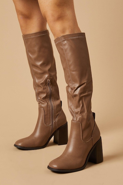 Oasis Kayin Square Toe High Block Heel Stretch Knee Boot Taupe
