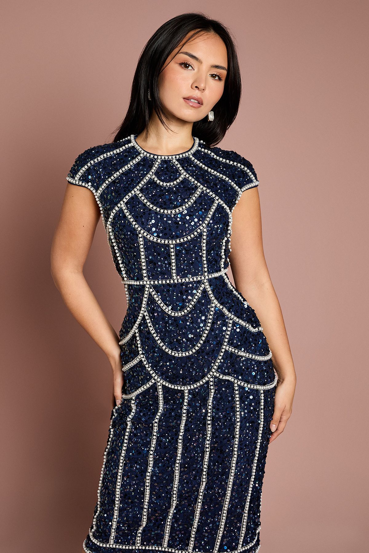 Coast Petite Cap Sleeve Pearl Embellished Pencil Dress Navy image 2