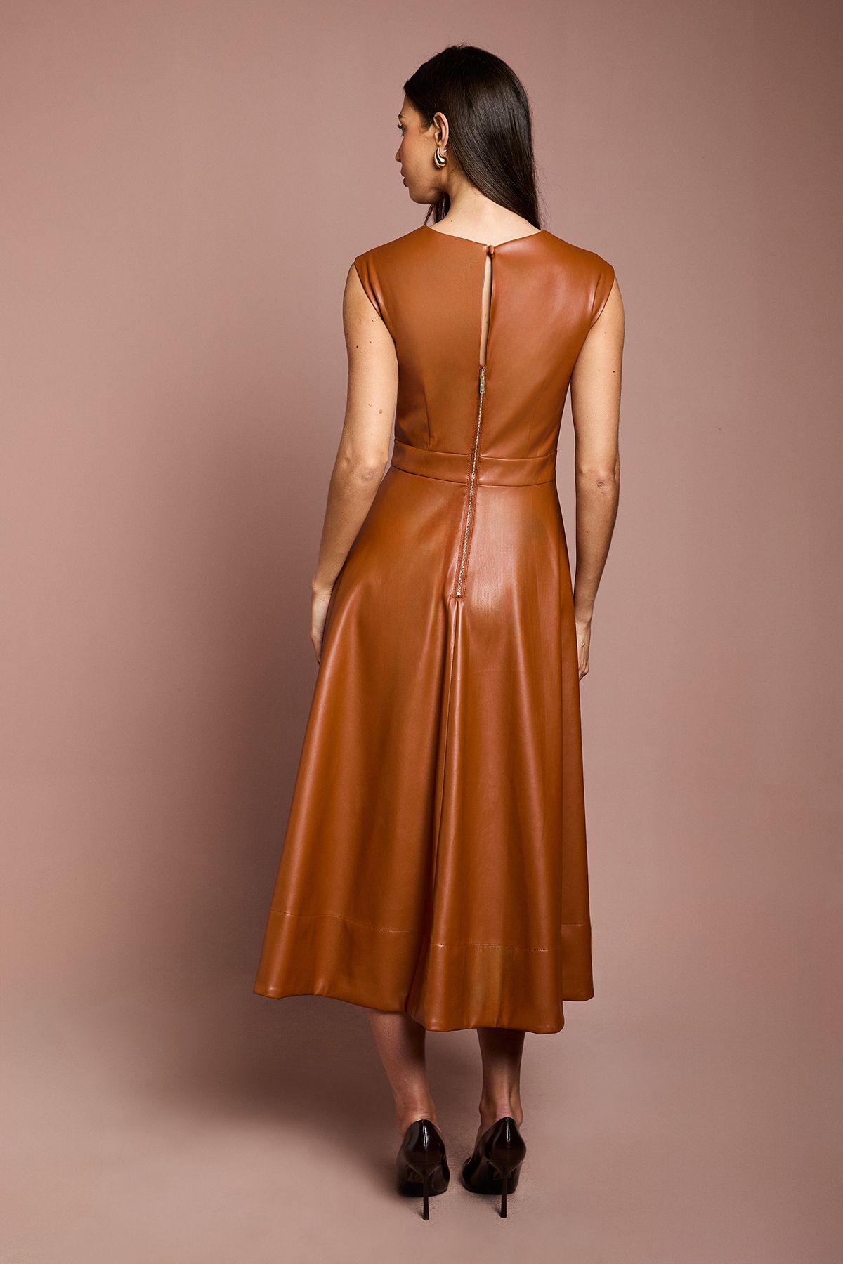 Coast Sweetheart PU Full Skirted Midi Dress Toffee image 3