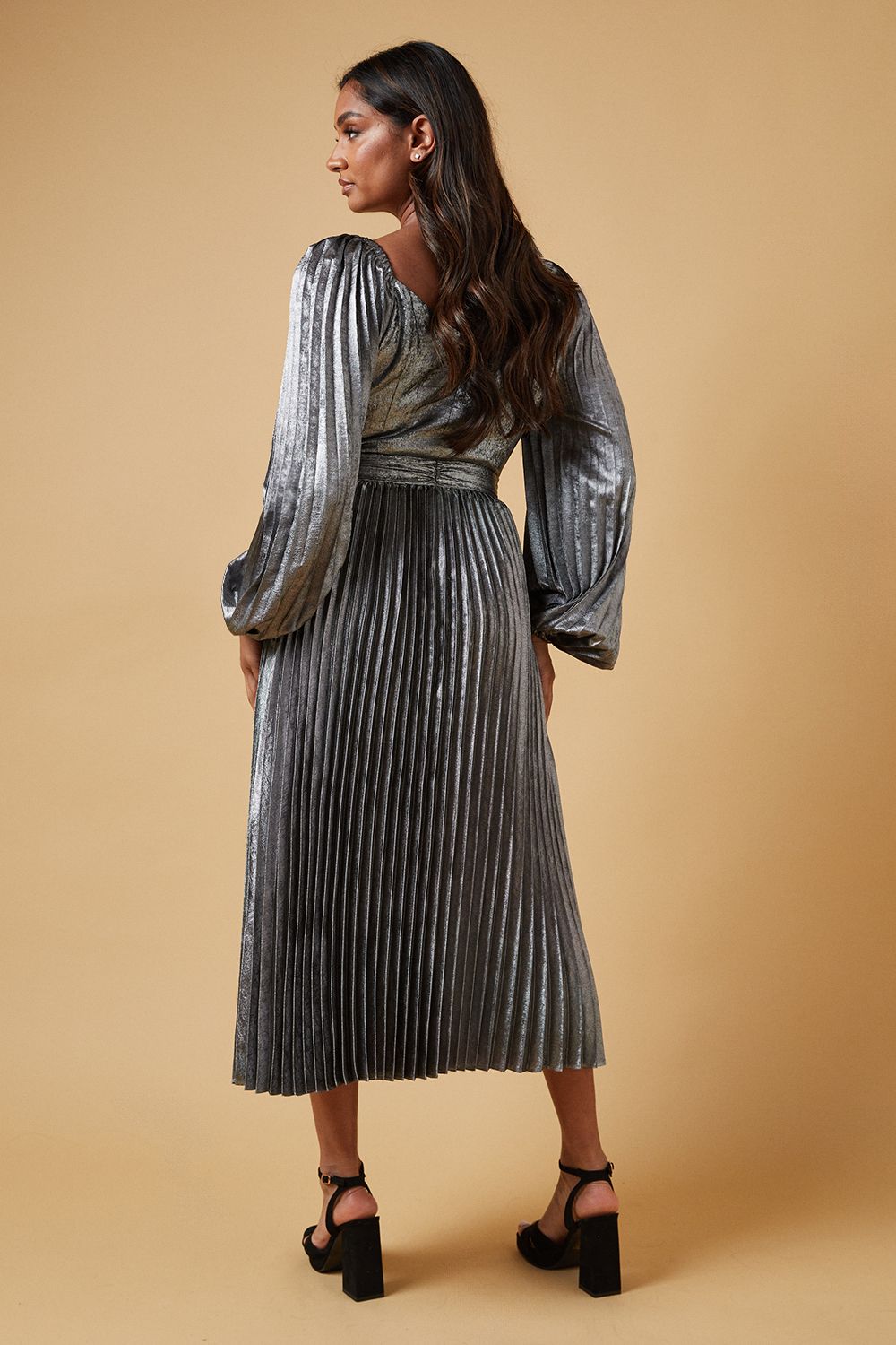 Oasis Occasion Pleated Metallic Midi Dress Silver image 3
