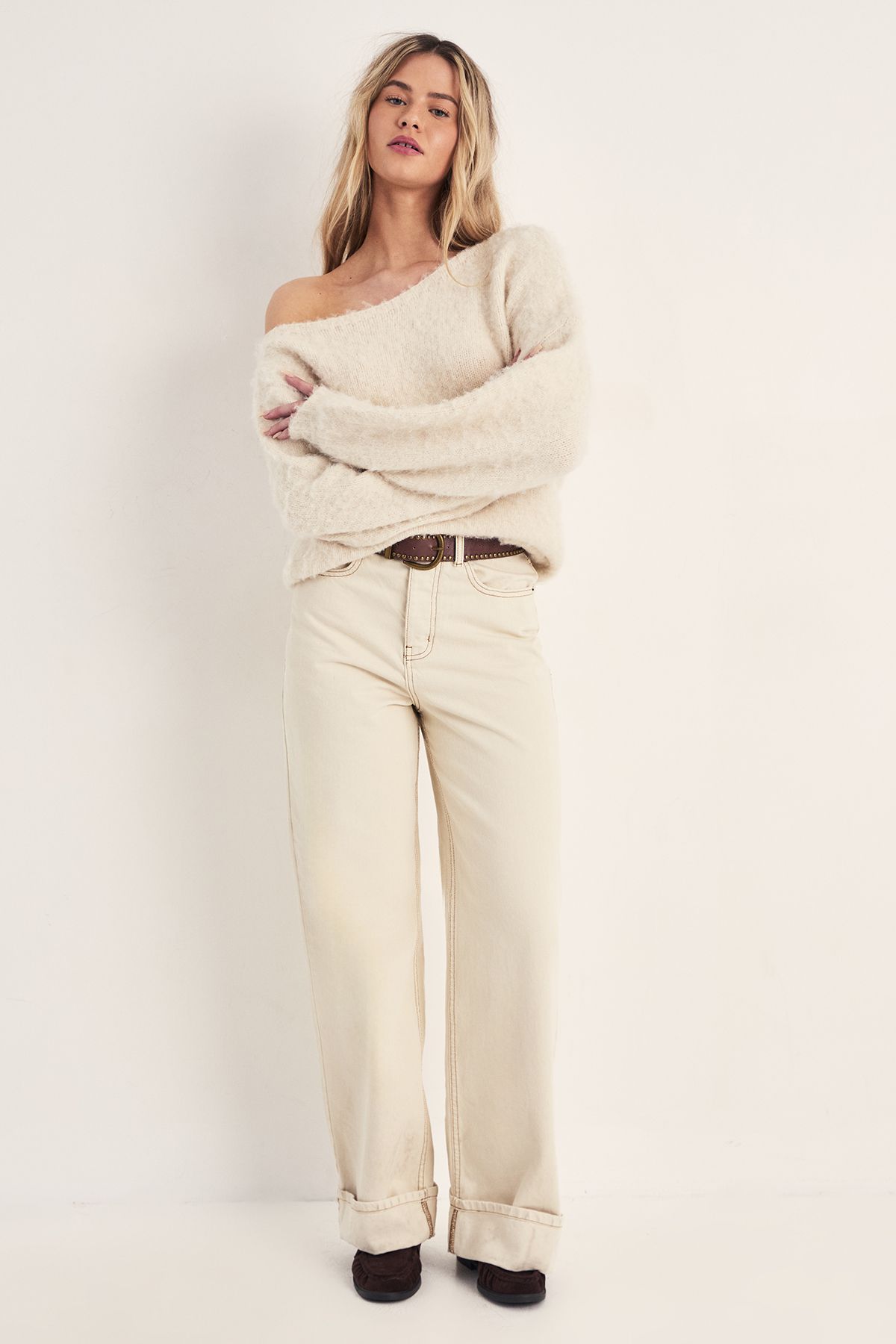 NastyGal Wool Blend Asymmetric Off The Shoulder Knitted Jumper Ecru image 2