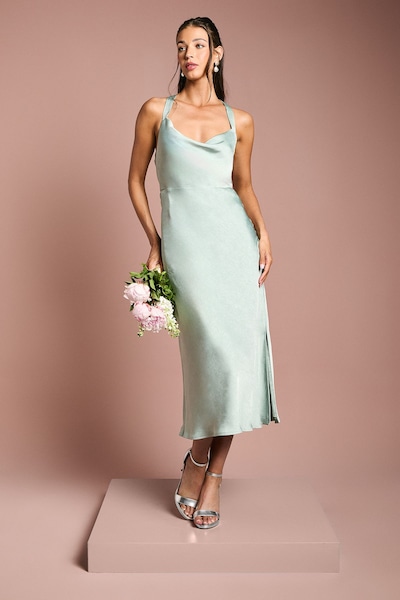 Oasis Cross Shoulder Tie Back Satin Bridesmaid Dress Sage